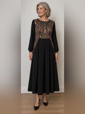 Order Plus Black Cotton Dress With Tan Floral Print and Sheer Sleeves Size XL